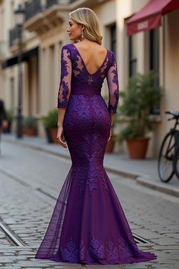 Long Sleeve Purple Mermaid Mother Of The Bride Dress With Appliques